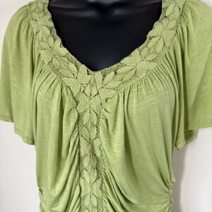 One World Top Green Babydoll Large Y2K Fairy Ruched Embroidered Floral Fitted